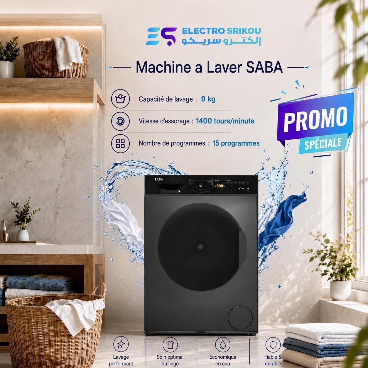 MACHINE A LAVER SABA 9KG / 1400tr / Noir